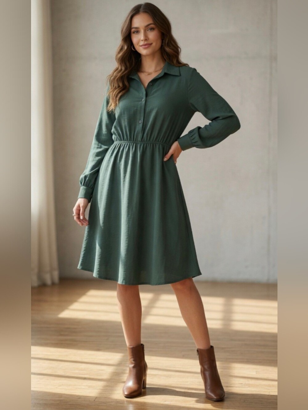 Emerald Green Collared Longsleeve Babydoll Shirt Dress